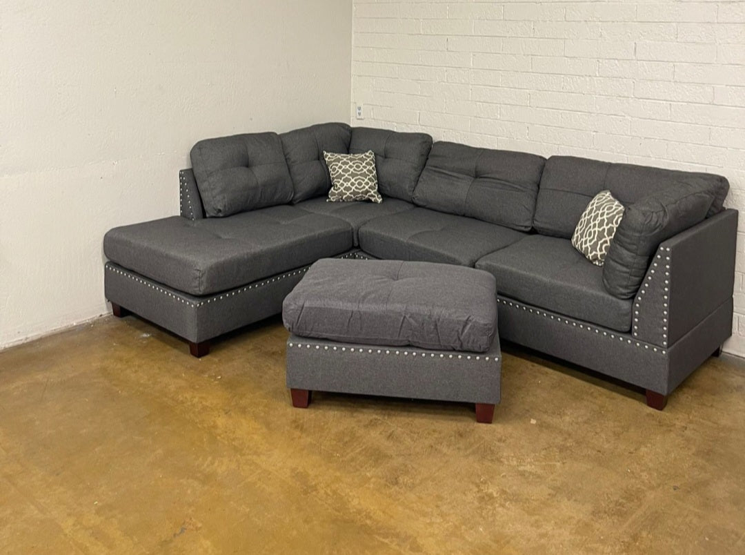 Grey Linen Sectional Sofa w/Ottoman Trader Dan's Furniture