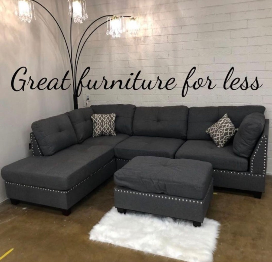 Grey Linen Sectional Sofa w/Ottoman Trader Dan's Furniture