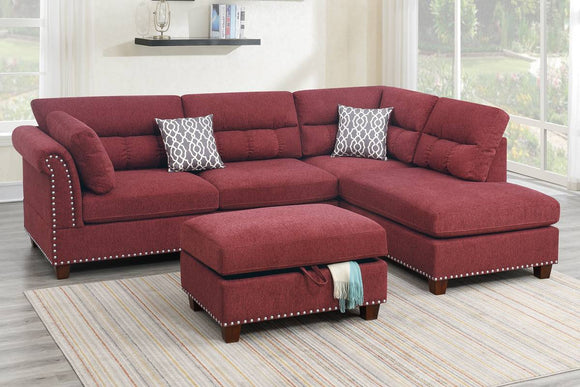 Paprika Red Velvet Like Sectional Sofa Couch w/Storage Ottoman