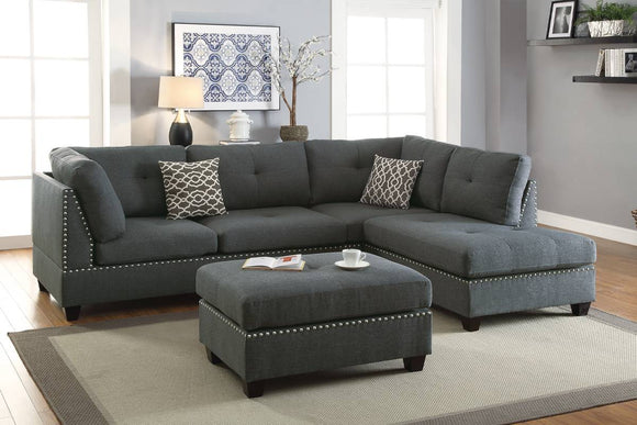 Grey Linen Sectional Sofa w/Ottoman