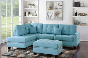 Light Blue Linen Sectional Sofa w/Ottoman