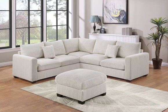 Ivory Color Corduroy Sectional Sofa + Ottoman