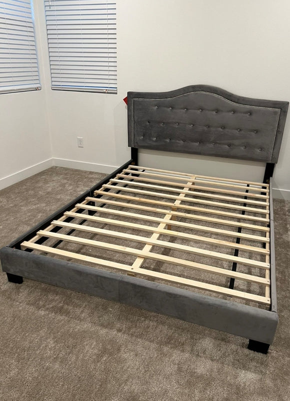 Grey Velvet Upholstered Platform Bed Frame