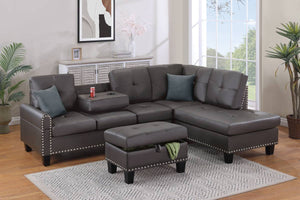 Espresso Faux Leather Sectional Sofa +Storage Ottoman