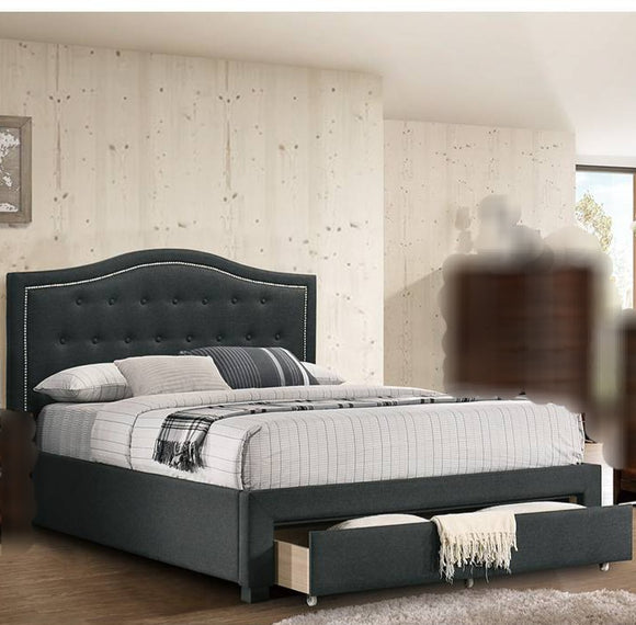 Charcoal Grey Linen Upholestered Platform Bed Frame + Storage Drawer