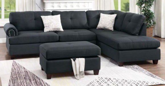 Ash Black Linen Sectional Sofa w/Storage Ottoman