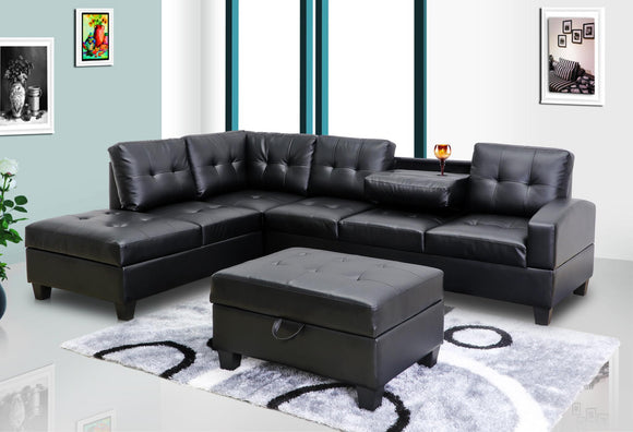 Black Faux Leather Sectional w/Console & Storage Ottoman