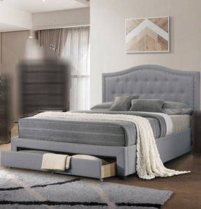 Grey Linen Upholestered Platform Bed Frame + Storage Drawer